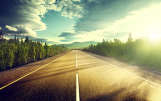 Open road with sunlight and trees