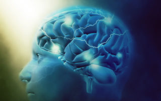 Illustration of a human with a brain and lighting effects on the brain.